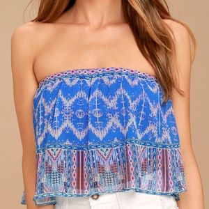 LULU'S ROYAL BLUE PRINT STRAPLESS CROP TOP SZ L